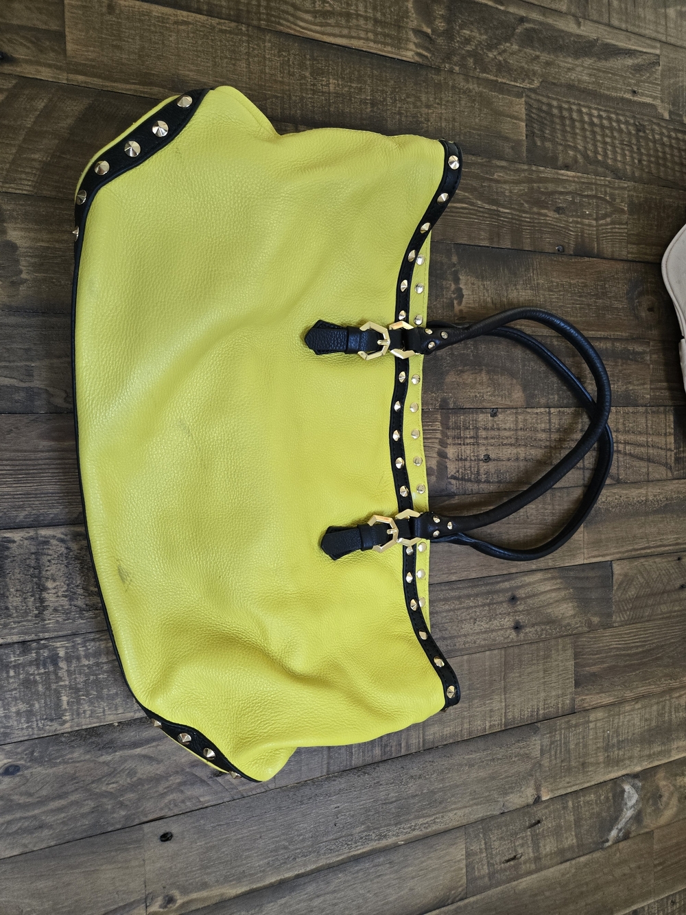 Stud-Trim Yellow Tote Bag with Black Handles